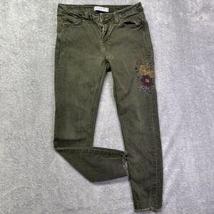 Zara Basic Olive Green Denim Skinny Jeans w/‎ Embroidered Flowers Women's size 6